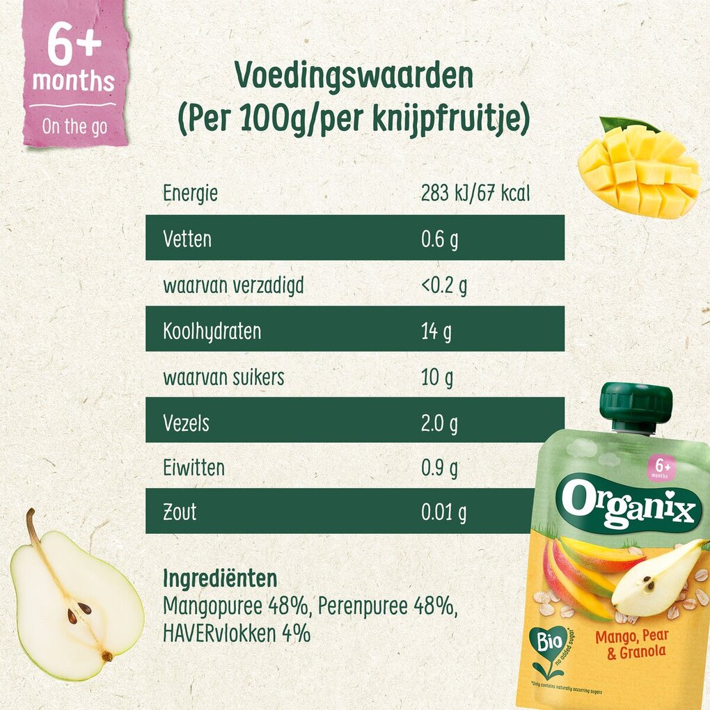 Organix 6+M Mango, Peer & Granola Knijpfruit