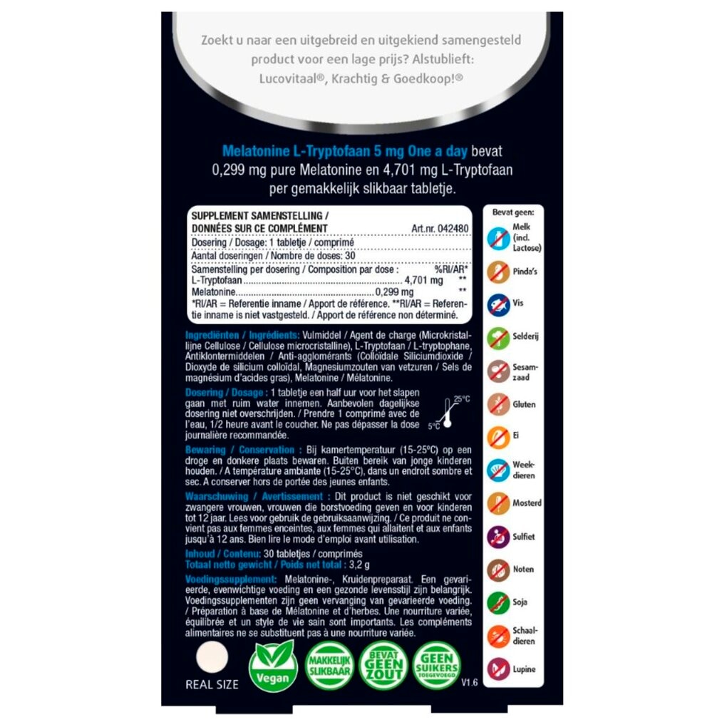 Lucovitaal Melatonine L-Tryptofaan 5mg Tabletten