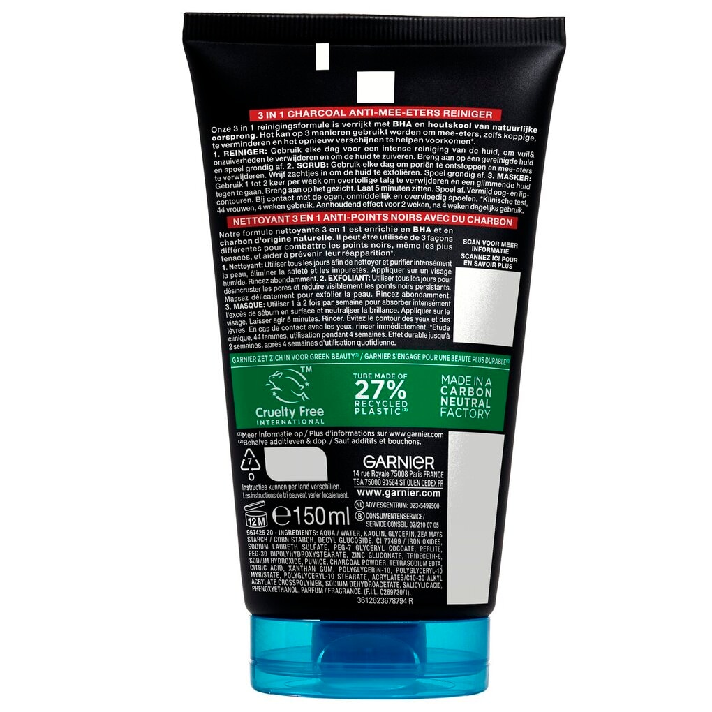 Garnier PureActive 3-In-1 Charcoal Reiniger, Scrub & Masker