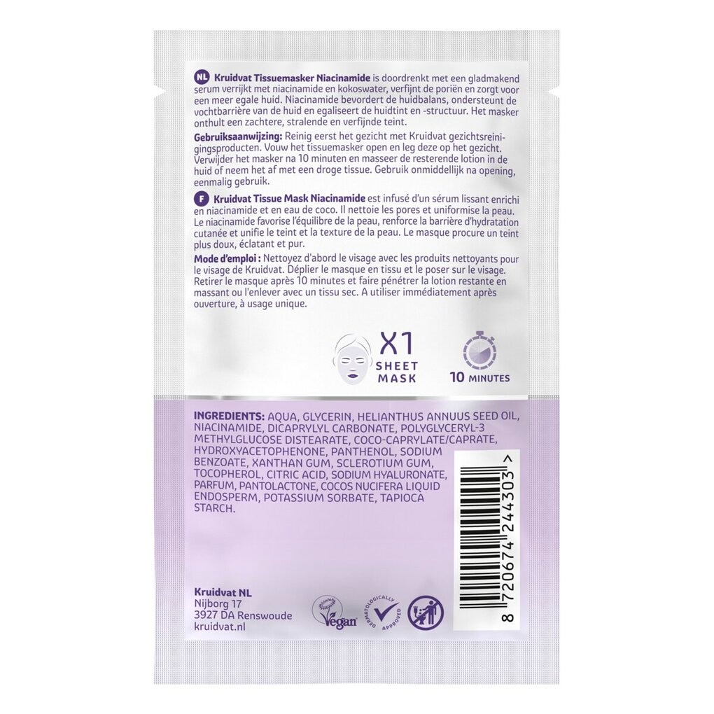 Kruidvat Pore Refining Niacinamide & Coconutwater Sheet Mask