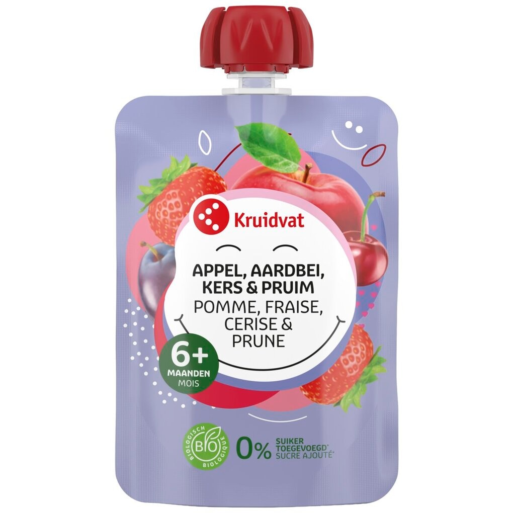 Kruidvat 6+M Bio Appel, Aardbei, Kers en Pruim Knijpzakje