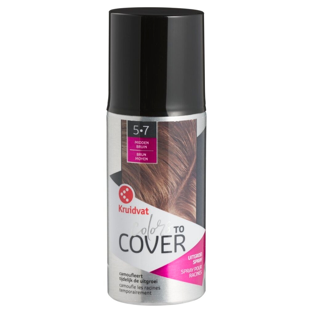 Werk je haarkleur snel en makkelijk bij met deze Kruidvat Colors to Cover 5-7 Middenbruin Uitgroeispray. De spray camoufleert tijdelijk de uitgroei en de grijze haaraanzet.
